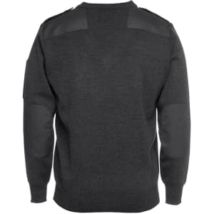A dark grey knitted jumper featuring leather accents on the shoulders and elbow patches, with a back view.