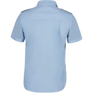 A light blue short-sleeve button-up shirt with shoulder epaulettes and a back pocket. It features a logo.