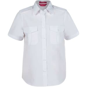 A white button-up shirt featuring short sleeves and epaulette details, with two chest pockets and a logo.
