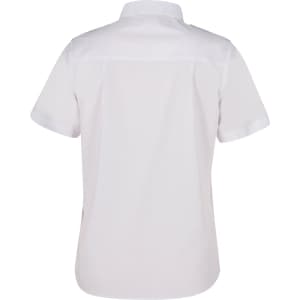 A white short-sleeved button-up shirt with an epaulette design and a rear yoke. Features a logo.