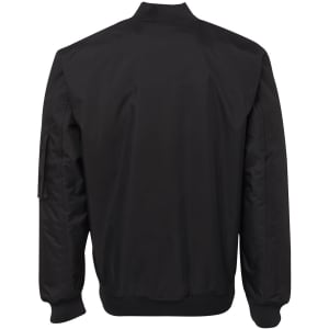 A black bomber jacket featuring a ribbed collar and sleeve details, with a logo on the sleeve.