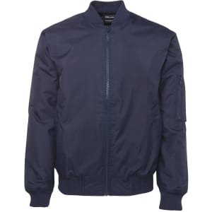 A navy blue bomber jacket featuring a zip front and a pocket on the sleeve. It has a ribbed hem and cuffs.
