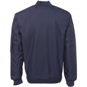 A navy jacket with a ribbed collar and cuffs, featuring a side arm pocket and a smooth fabric finish.