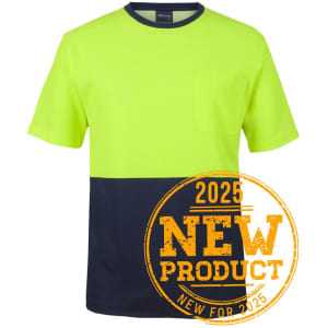 A bright yellow and navy t-shirt featuring a pocket and a logo.
