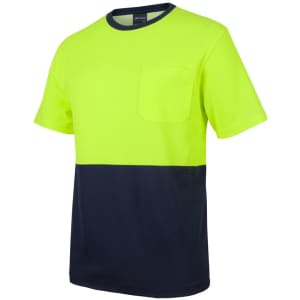 A bright yellow and navy T-shirt featuring a pocket and a logo.