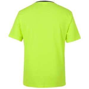 A bright yellow T-shirt with short sleeves and a classic crew neck, featuring a simple design and a logo.
