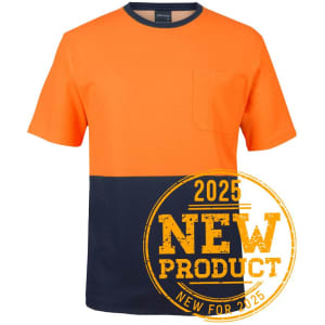 An orange and navy T-shirt with a chest pocket and a logo. Suitable for various activities.