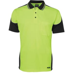 A bright lime green and black polo shirt with contrast piping and a front pocket, featuring a logo.