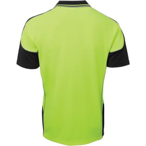 A high-visibility green polo shirt with black contrast piping and a logo. Suitable for workwear.