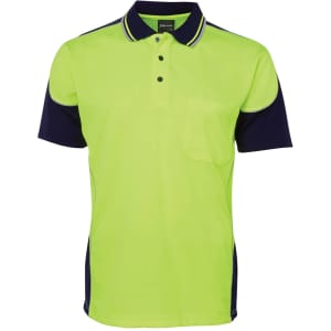A neon yellow and navy work polo shirt featuring contrast piping and a chest pocket. It has a logo displayed.