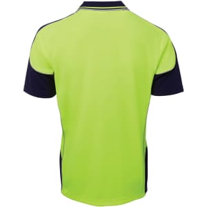 A bright lime green and navy polo shirt featuring contrast piping and a logo. Back view showcasing the design.
