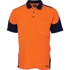 An orange and navy polo shirt featuring contrast piping and a front pocket. It has a logo.