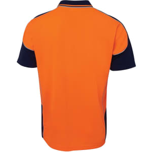 A bright orange and navy work polo shirt with contrast piping and a logo on the back.