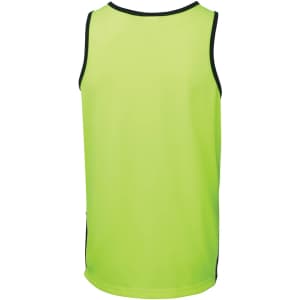 A bright yellow-green work singlet with contrasting black trim and a logo on the back.