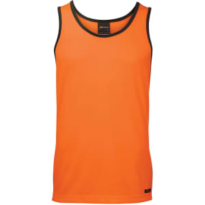 An orange work singlet with contrasting black trim and a brand logo on the hem.