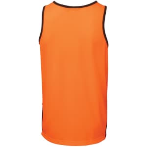An orange work singlet with a contrasting black trim, featuring a logo. The back design is simple and smooth.