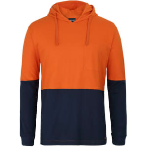 An orange and navy hooded long-sleeve cotton tee with a pocket and a logo.