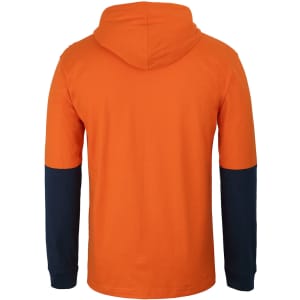 An orange long-sleeve cotton tee with a hood, featuring navy blue sleeves and a logo on the front.