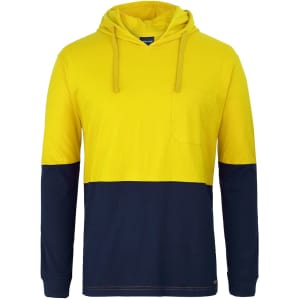 A yellow and navy blue long-sleeved cotton tee with a hood and a front pocket, featuring a logo.