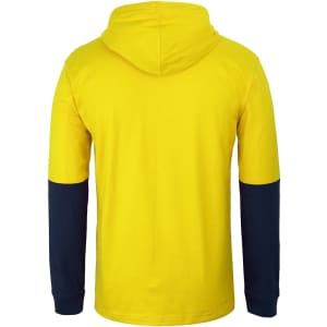 A bright yellow long-sleeve cotton tee with a navy blue hood and sleeves, featuring a logo.
