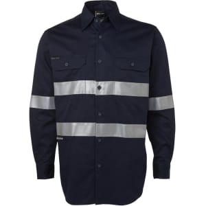 A navy work shirt featuring reflective silver stripes and two chest pockets, with branding on the front.