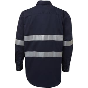 A navy work shirt with silver reflective stripes, featuring long sleeves and a back view. It includes a branding logo.