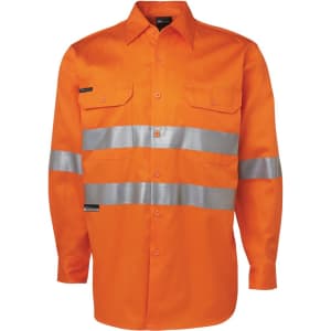 An orange work shirt featuring reflective stripes and two front pockets, with a visible logo.