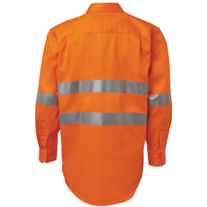 An orange work shirt with reflective silver stripes across the torso and sleeves, featuring a collar and button-up design.