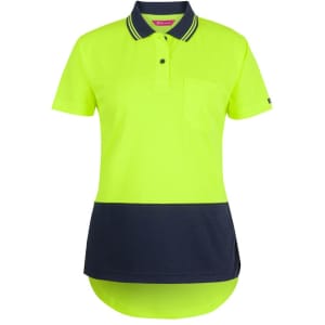 A bright yellow and navy women's polo shirt featuring a drop tail design and a chest pocket, with a branding logo.