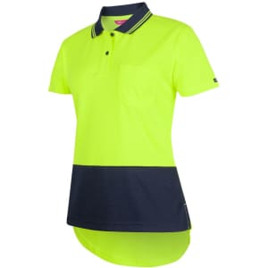 A bright yellow and navy drop-tail polo shirt featuring a pocket and a logo. Ideal for workwear.