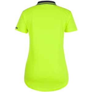 A bright lime green polo shirt with short sleeves and a drop tail design, featuring a logo on the sleeve.