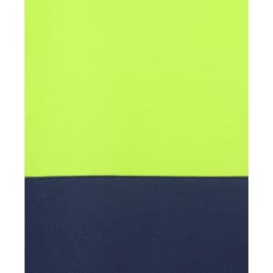 A high visibility polo shirt featuring a bright yellow upper section and a navy blue lower section, with branding.