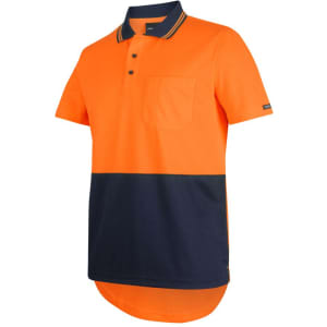 An orange and navy blue polo shirt with a drop tail design and a chest pocket, featuring a logo.