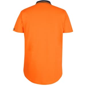 An orange short-sleeve polo shirt with a drop tail design and a contrasting collar. It features a logo.