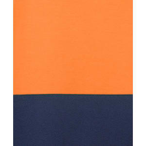 A two-tone polo shirt featuring an orange top and a dark navy bottom, with a branded logo present.