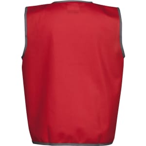 A red tricot sports vest with grey trim, designed for kids, featuring a logo on the back.