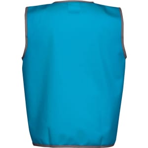A blue tricot vest with grey trimming, featuring a logo on the back.