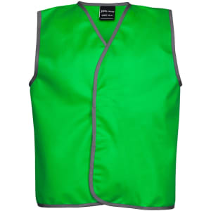 A bright green sports vest with grey trim and a logo. Suitable for sports uniforms.