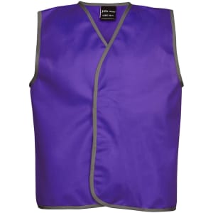 A purple sports vest with grey trim, featuring a logo. Suitable for kids' sports uniforms.