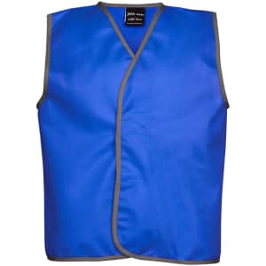 A blue tricot vest with grey trim, featuring a logo at the top. It is designed as a sports uniform.