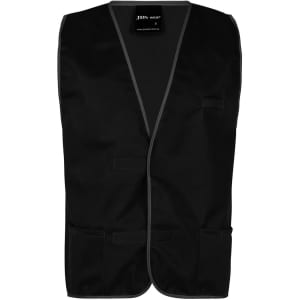 A black tricot vest with grey trim and multiple pockets, featuring a brand logo on the label.