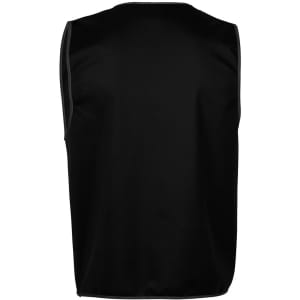 A black tricot vest with grey trim, featuring a logo on the back. Designed for workwear use.
