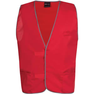 A bright red tricot work vest featuring grey trim, with a pocket on the front and a logo on the label.