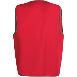 A red work vest with grey accents and a logo on the back, designed for professional use.