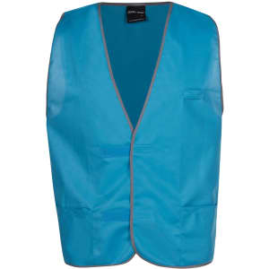A blue tricot vest featuring a simple open design and a logo at the neck. It has multiple pockets.