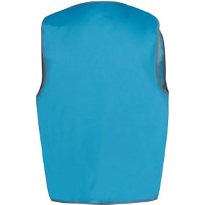 A blue work vest with grey trim featuring a logo, designed for workwear use.