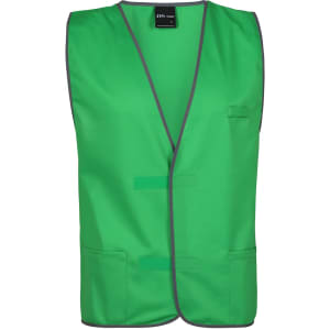 A green tricot vest with grey trim, featuring two front pockets and a brand label.