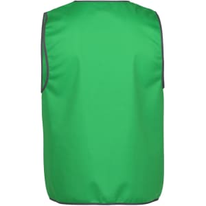 A green tricot vest with grey edging, designed for workwear. It features a simple, sleeveless design and has a logo.