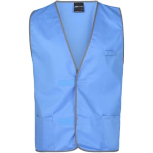 A blue tricot vest with grey trim, featuring pockets and a label inside. It has a logo on the label.