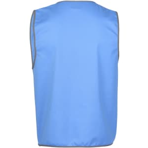 A blue work vest with grey trim and no sleeves. The back view highlights the simple design and material.
